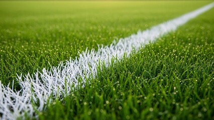 Close-up of a vibrant green soccer field with freshly painted white boundary lines for sports and outdoor recreational activities in lush environment