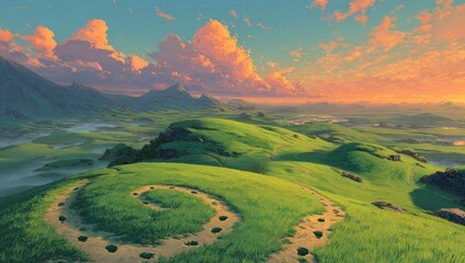 Lush green hills, swirling path, vibrant sunset