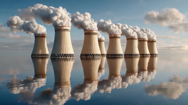 Nuclear Power Plant Scene: A row of imposing nuclear power plant cooling towers exhales billowing steam against a serene blue sky, reflecting gracefully in the calm waters below.
