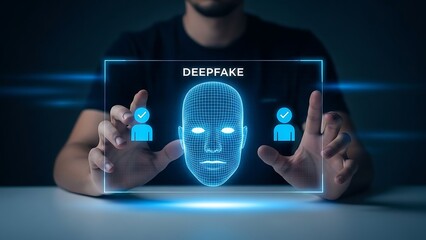 A man interacts with a futuristic digital interface displaying a biometric scan