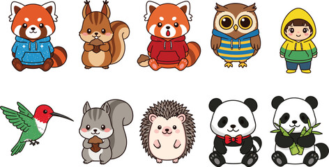 Cute cartoon animal characters vector set with panda fox squirrel owl hedgehog and kid illustration isolated © Rozina Creative