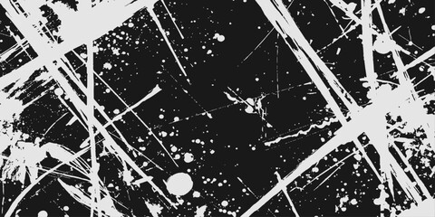 Abstract black and white grunge background featuring a dark night sky pattern with a vector constellation of stars and 3d ink texture illustration © hossain
