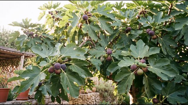 Low angle shot looking up at fresh figs growing on large tree with broad lobed leaves providing shade in warm climate garden for agriculture