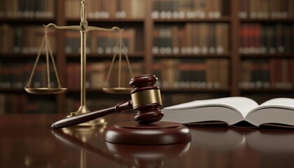 Justice and legal system concept with a judge's gavel, scales of justice, and an open book in a traditional law library.