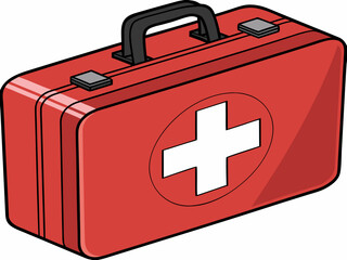 A red first aid kit. It's depicted as a rectangular case with a black handle on top, two gray latches, and a prominent white cross symbol inside a white circle on the side, indicating medical supplies