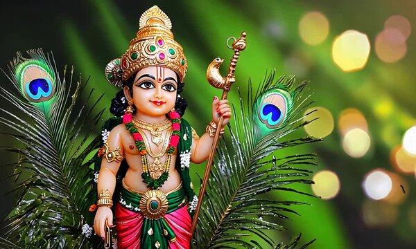 Vibrant Lord Murugan Statue with Peacock Feathers and Golden Adornments against Bokeh Background.