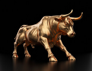 Fototapeta premium Magnificent golden bull figure, an iconic representation of financial power, market optimism, and unyielding strength against a stark black backdrop