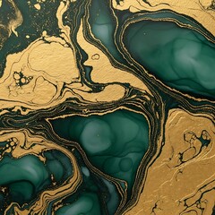 Rich emerald green and glistening gold create a luxurious fluid art background texture