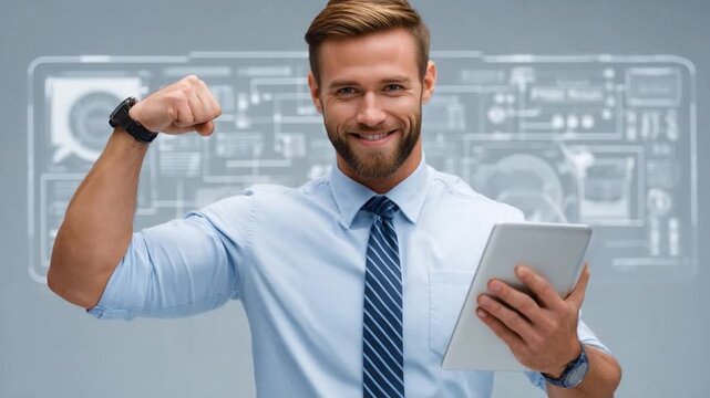 Tech-Savvy Entrepreneur: A determined entrepreneur stands at the forefront, balancing his business skills and technological acumen with a tablet in hand.