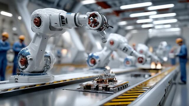Robotic Assembly Line: A futuristic vision of automated production, featuring advanced robotic arms meticulously assembling components on a high-tech line, symbolizing innovation and efficiency.