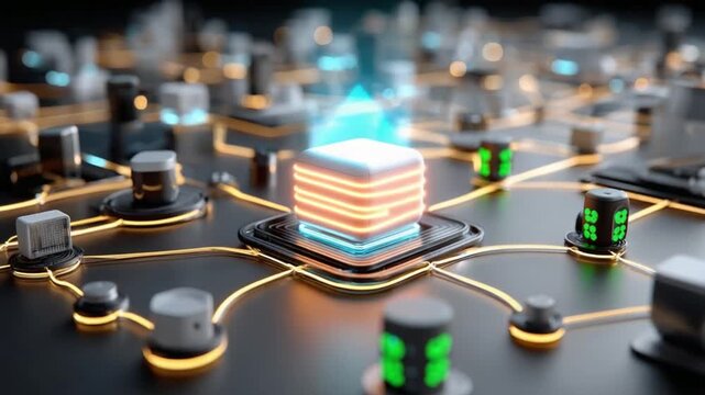 Digital Network Hub: Futuristic digital network hub, the scene evokes a sense of technological advancement, data connection, digital transformation and innovation.