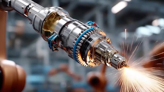 Robotics Precision in Action: A close-up view of a robotic arm in a factory environment. Sparks fly as advanced technology performs its tasks with remarkable precision. 