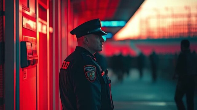 A vigilant police officer stands guard in a vibrant urban setting. Dynamic lighting enhances the scene. Safety and security are paramount. Generative AI