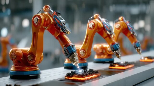 Robotic Arms in Factory: Automation at its finest! Several vibrant robotic arms work on an assembly line. This image showcases the future of industry with high precision and efficiency. 