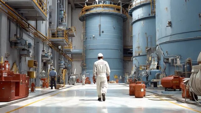 Navigating the Industrial Realm: A worker, clad in protective gear, strides purposefully through a sprawling industrial facility, surrounded by towering machinery and equipment.