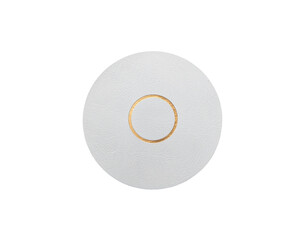 Minimal white circular object with a thin gold ring center crop emphasizes clean design