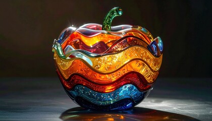 Vibrant multicolored glass bowl shaped like apple with wavy rainbow stripes and internal bubbles glows on dark surface