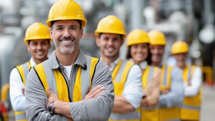 Smiling Engineers: A team of skilled engineers, adorned in safety helmets and vests, exude confidence and professionalism as they pose in their workplace.