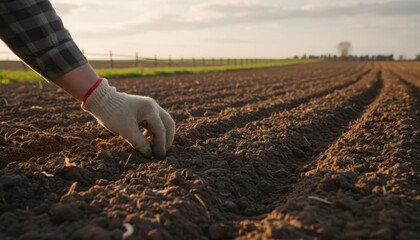 Gloved hand of a farmer planting seeds into a tilled soil furrow in a large agricultural field under a clear evening sky