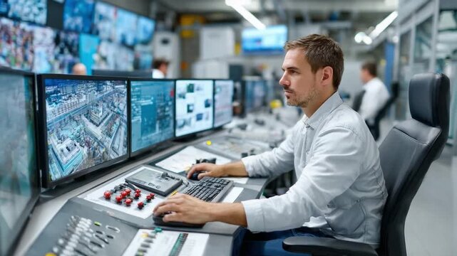 Control Room Operator at Work: A focused control room operator meticulously monitors a series of computer screens displaying complex data, while managing critical systems in a high-tech setting.