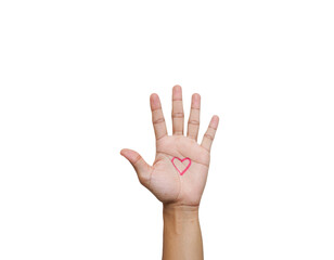 Open hand with pink heart doodle on palm expressing love and warmth