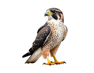 Peregrine falcon standing upright on white background showing detailed plumage and talons