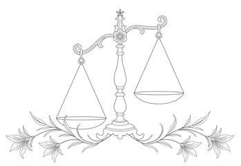Illustration of an unbalanced scale with botanical floral decoration