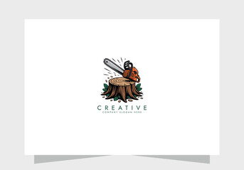chainsaw logo tool vector illustration logo design, Concept of woodworking industrial, chainsaw repair and wood cutting service.