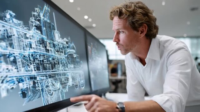 Architect at Work: A focused architect in a modern office, engrossed in a detailed architectural plan on a large computer screen, visualizing blueprints with precision.