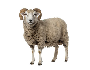 Ram with curled horns: natural brown woolly fleece and sturdy legs in a standing pose