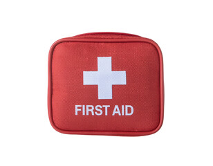 Obraz premium Red first aid kit pouch with white cross emblem and stitched fabric texture for emergency medical supplies