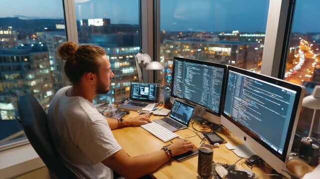 Tech Wizard in Action: An individual engrossed in coding on multiple screens in a modern high-rise office, with the city lights of a metropolis twinkling in the background.