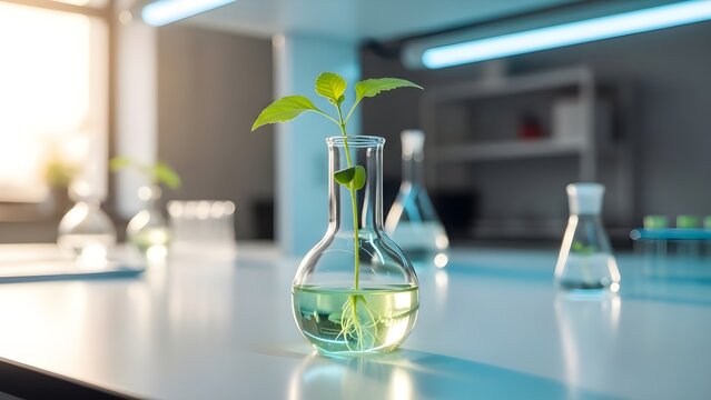 Green Plant Growing in a Laboratory Flask with Scientific Equipment.