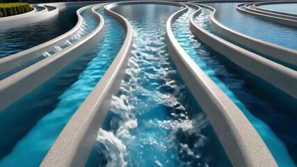 Serene Waterscape: An overhead shot showcases a series of interconnected waterways, winding gracefully through a modern architectural design.