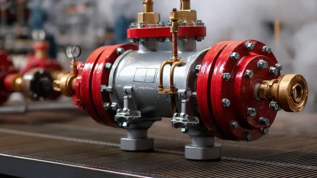 Industrial Machinery Marvel: A close-up shot of intricate industrial machinery, boasting vibrant red accents and robust construction, set against a backdrop of wispy steam, illustrating power.