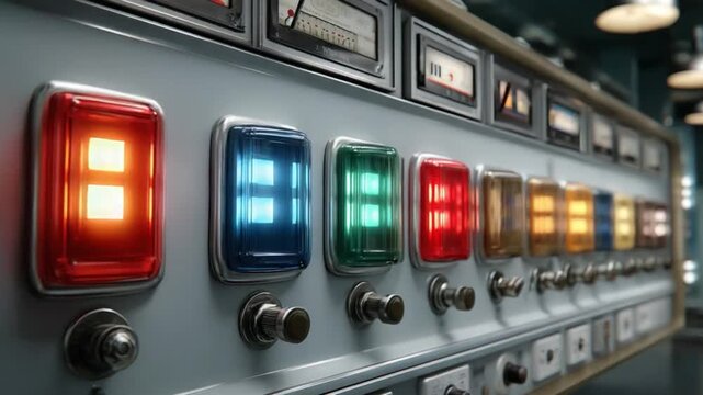 Illuminated Control Panel: A close-up view of an intricately designed control panel, showcasing a line of glowing lights and complex instruments.