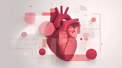 A digital illustration of a human heart with a modern abstract background