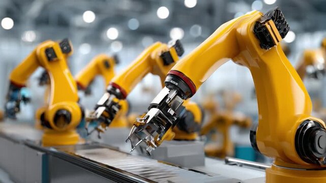 Robotic Arms in Factory: In an automated factory setting, a line of advanced yellow robotic arms works with precision and efficiency. The image offers a glimpse into the future of manufacturing.
