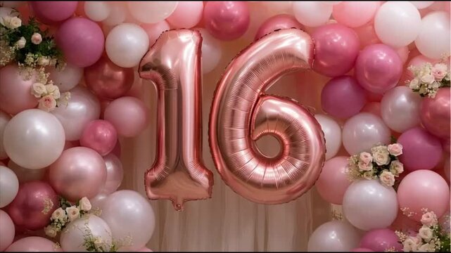 Beautiful Pink Number 16 Illustration for Birthdays and Celebrations with Elegant Pastel Design, Soft Glowing Light, Festive Party Mood, Anniversary Milestone Decoration Art Print