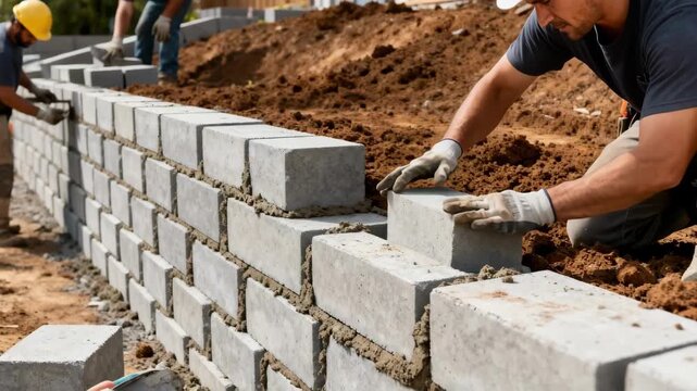 Concrete blocks being arranged by workers to form a sturdy retaining wall providing essential soil support and erosion control for an outdoor space.