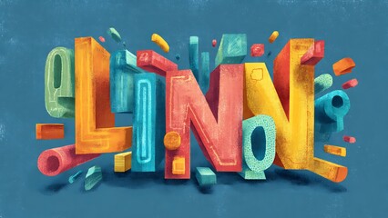 A colorful and vibrant 3D illustration of the word 'LINO' with scattered letters and shapes