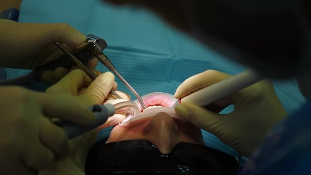 Oral hygiene. Ultrasonic teeth cleaning machine removing calculus and plaque. human teeth treatment. Professional dentist treating patient in modern dental clinic. dental care and hygiene