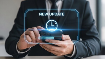 Businessman in a suit holding a smartphone with a futuristic holographic interface displaying new update notification and a clock symbol in a modern office setting