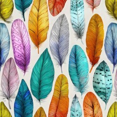 The image is a repeating pattern featuring stylized, colorful feathers against a light background. The feathers are rendered in a watercolor style, with a variety of vibrant hues and textures.