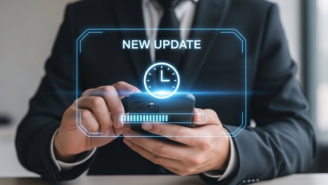 Businessman in a suit holding a smartphone with a futuristic holographic interface displaying new update notification and a clock symbol in a modern office setting - Powered by Adobe