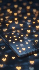 A smartphone surrounded by glowing hearts on a dark background