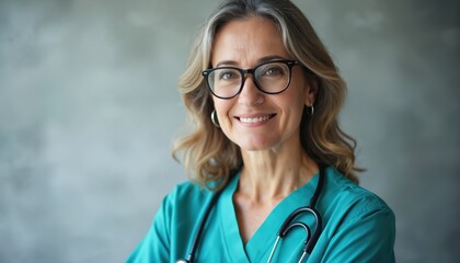 Smiling nurse wearing green scrubs, glasses. Mature woman holds stethoscope. Healthcare worker with wavy blonde hair looks at camera in clinic. Trustworthy medical pro in uniform. Caring doctor