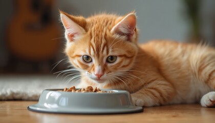 Young ginger cat eats kibble from gray bowl on wooden floor. Adorable orange kitten with green eyes has meal at home, looking at food. Cute pet gets nourishment.