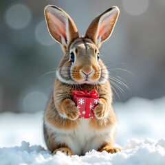 Obraz premium Adorable rabbit holding a small red present with snowflakes, photorealistic style, on snowy background. Concept of winter holiday gift. 