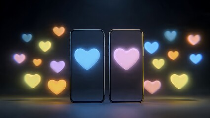 Two smartphones display glowing heart symbols on their screens surrounded by colorful floating hearts in a dark room